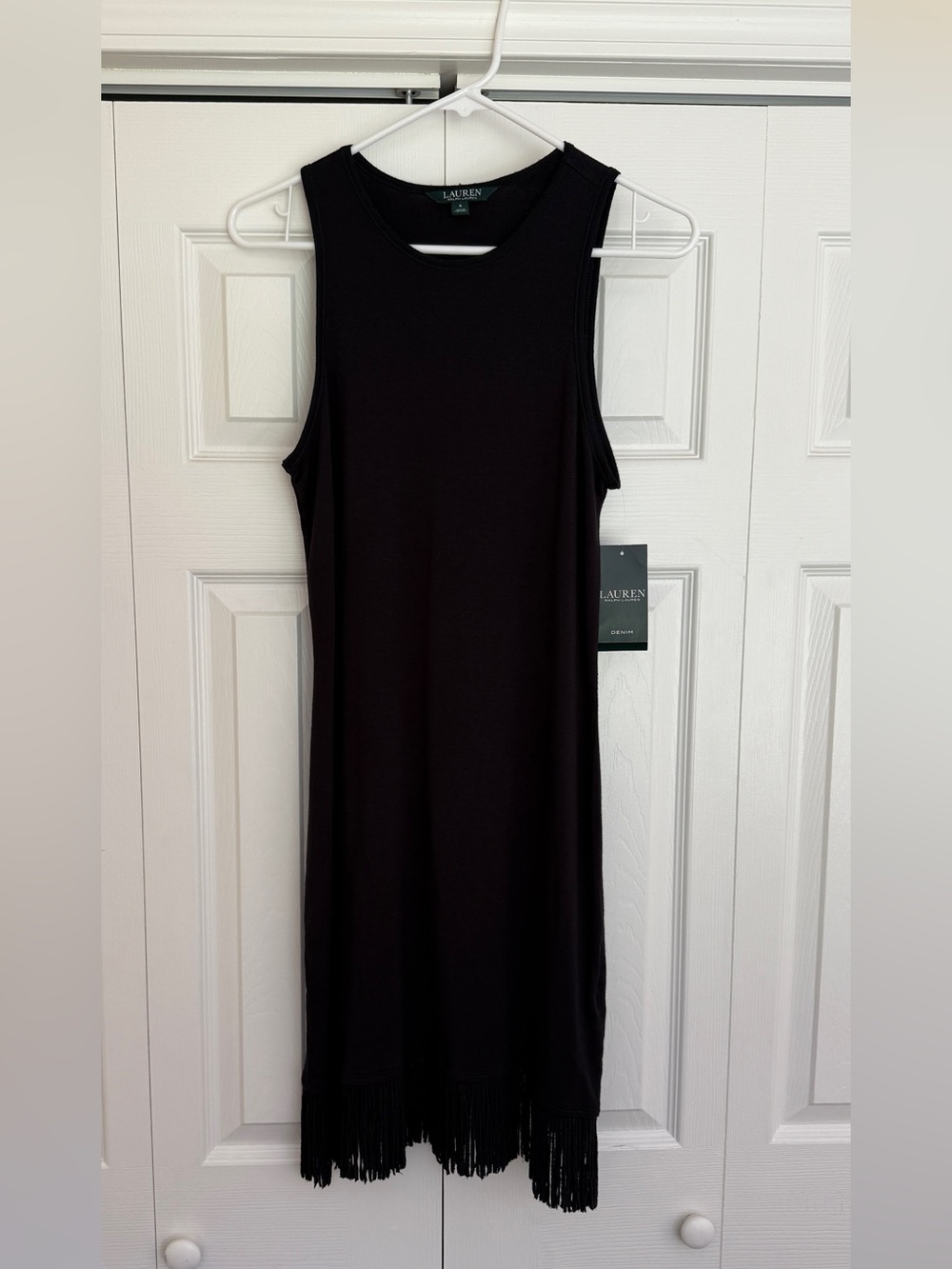 NWT Lauren Ralph Lauren Denim Black Fringe Hem Sleeveless Dress S $125